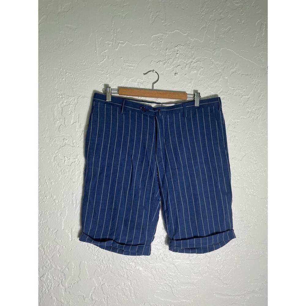 Socapri Italy 100% Linen Blue Pinstripe Bermuda Shorts Size 54 Coastal